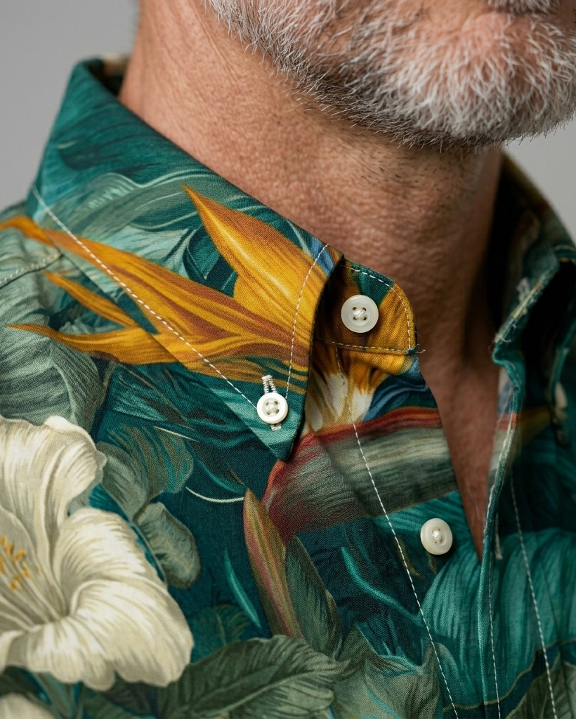 Emerald Tropical Bird of Paradise Print Short-Sleeve Casual Shirt