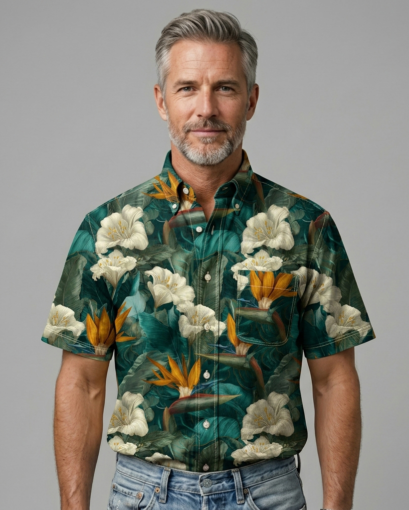 Emerald Tropical Bird of Paradise Print Short-Sleeve Casual Shirt
