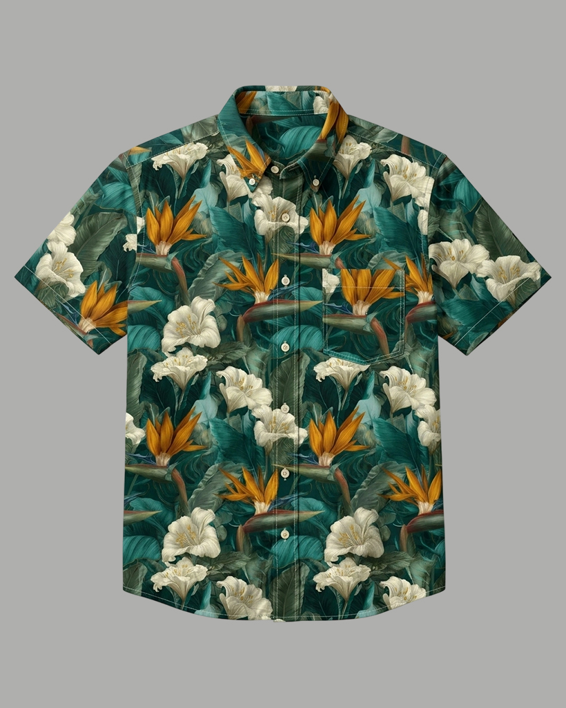 Emerald Tropical Bird of Paradise Print Short-Sleeve Casual Shirt