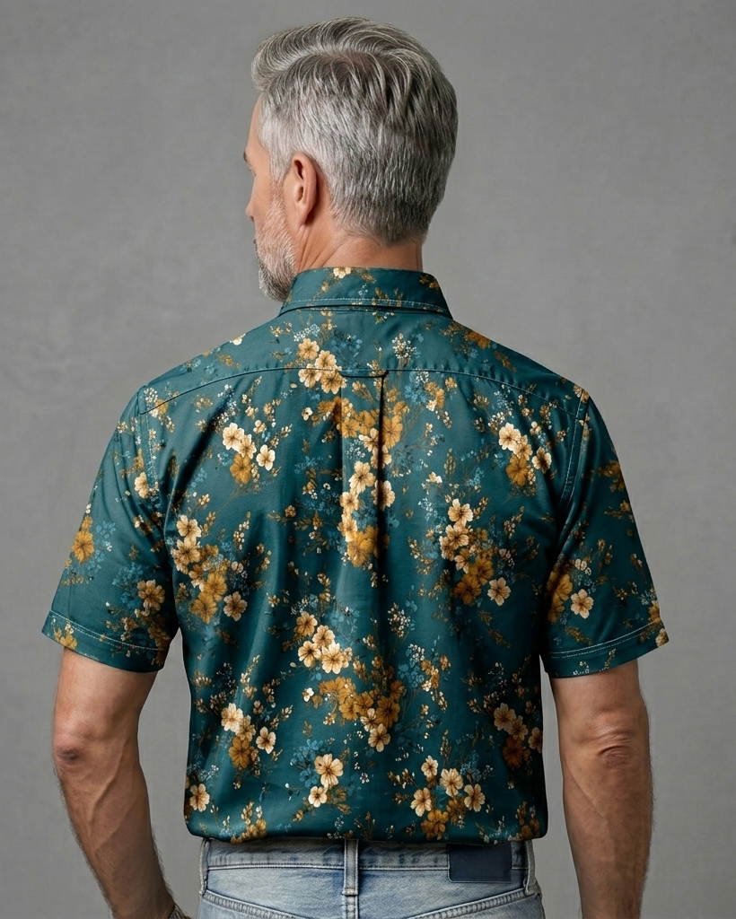 Teal and Gold Ditsy Floral Print Short-Sleeve Casual Shirt