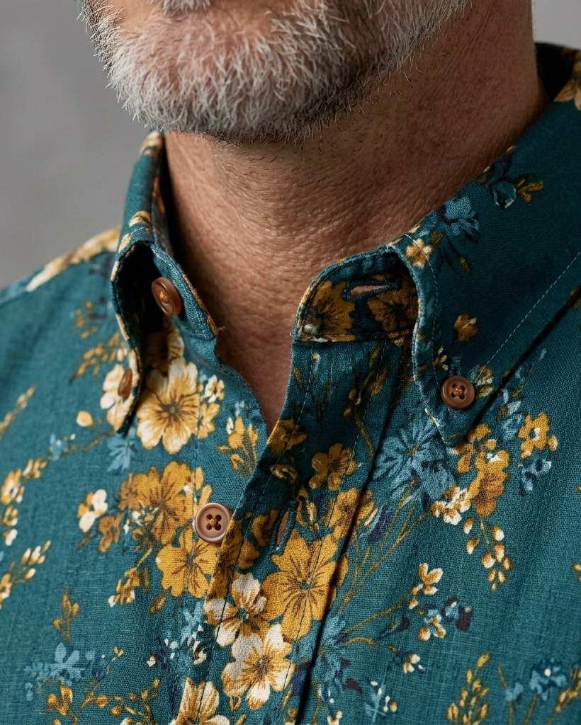 Teal and Gold Ditsy Floral Print Short-Sleeve Casual Shirt