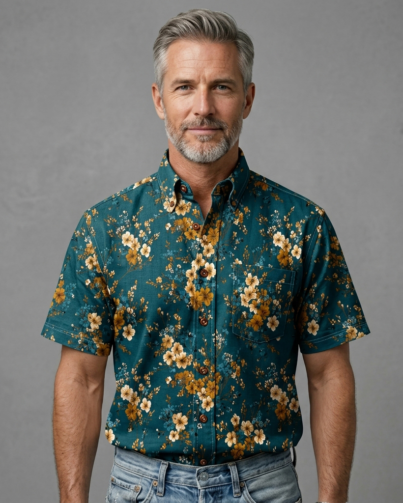 Teal and Gold Ditsy Floral Print Short-Sleeve Casual Shirt
