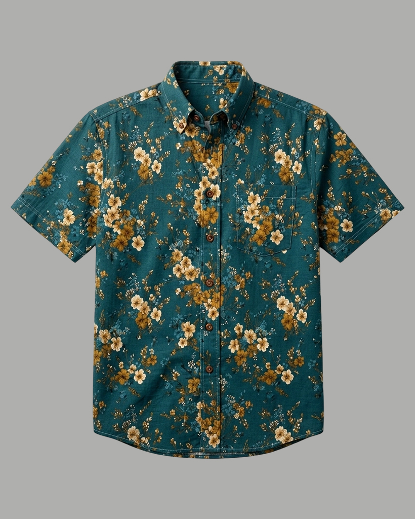 Teal and Gold Ditsy Floral Print Short-Sleeve Casual Shirt