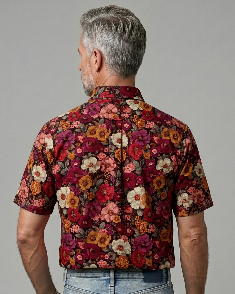 Burgundy Vintage Floral Print Short-Sleeve Casual Shirt