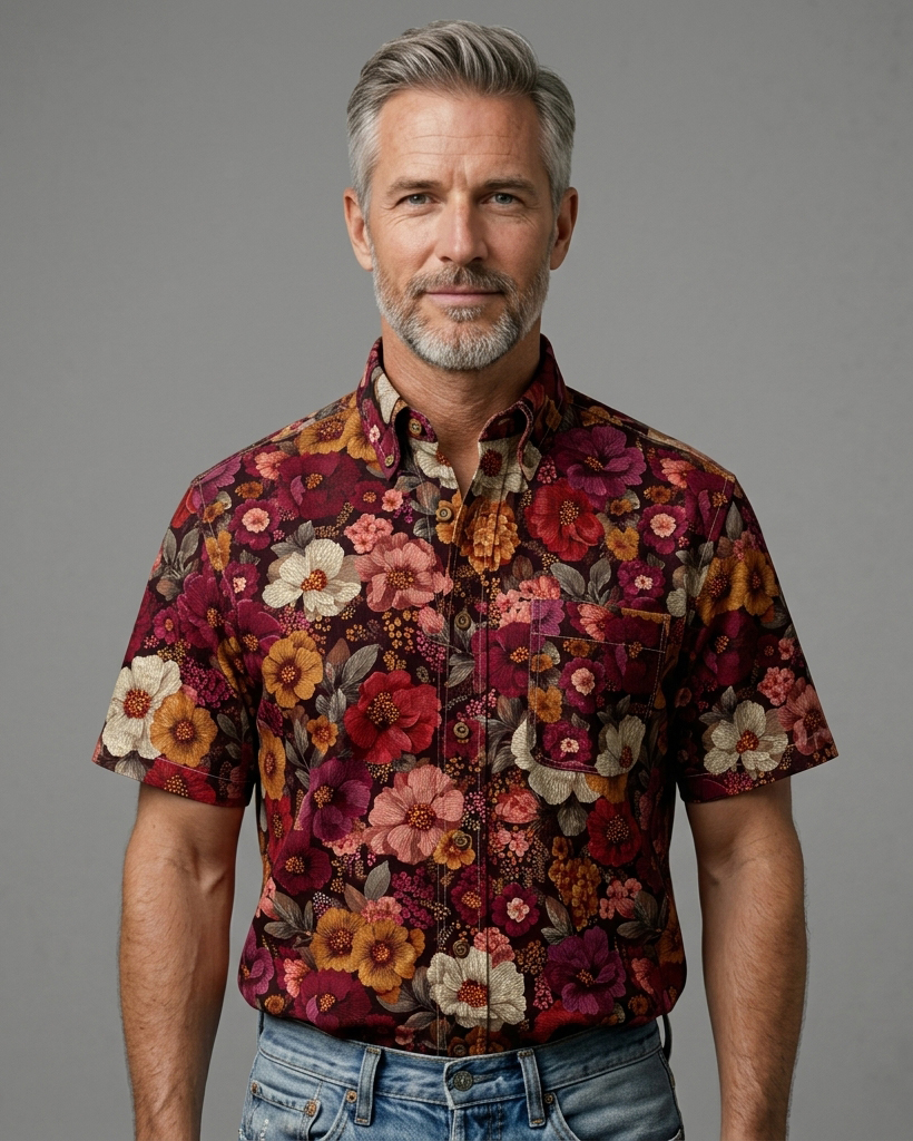 Burgundy Vintage Floral Print Short-Sleeve Casual Shirt