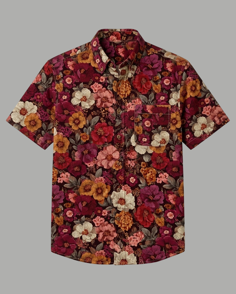 Burgundy Vintage Floral Print Short-Sleeve Casual Shirt