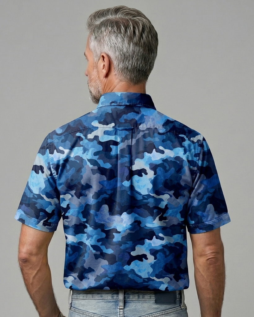 Ocean Blue Camo Print Short-Sleeve Casual Shirt