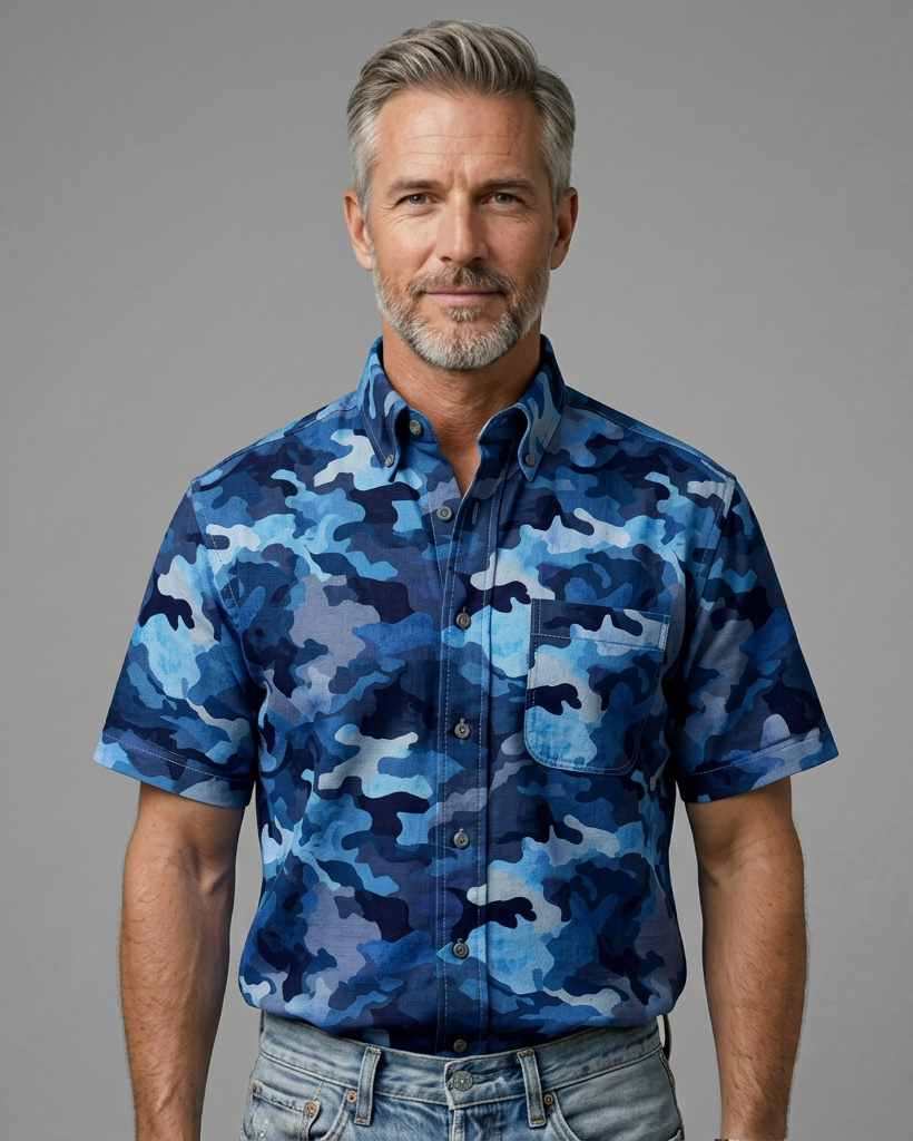 Ocean Blue Camo Print Short-Sleeve Casual Shirt