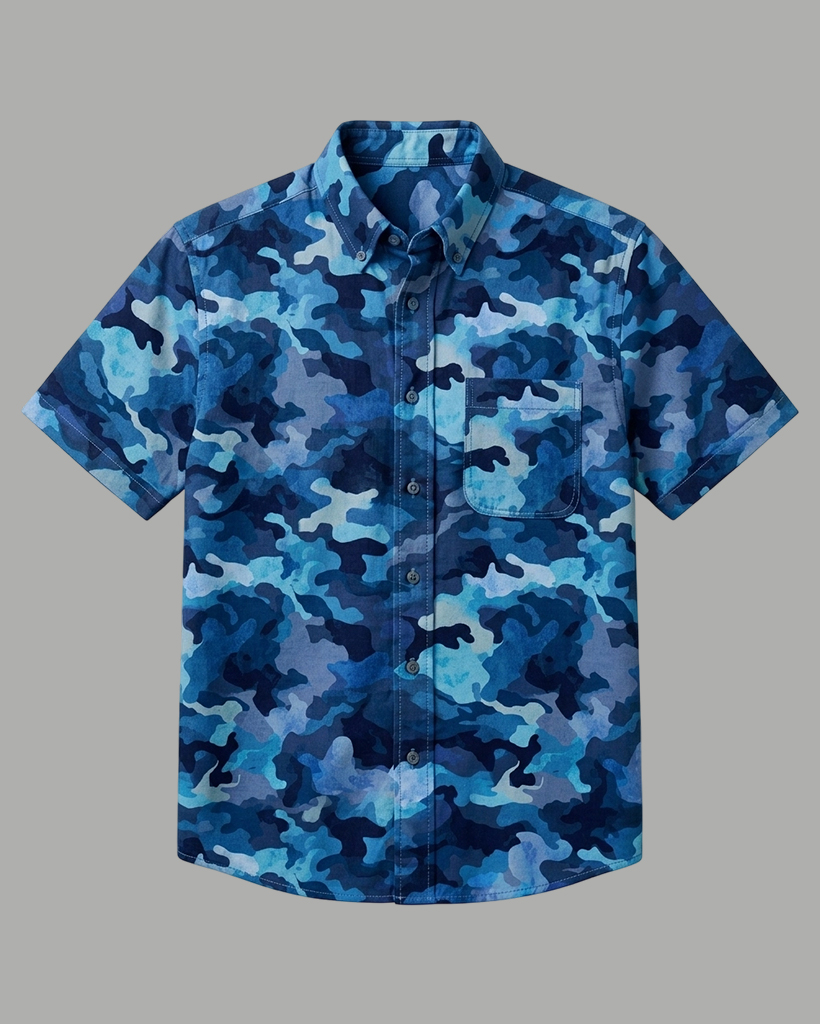 Ocean Blue Camo Print Short-Sleeve Casual Shirt