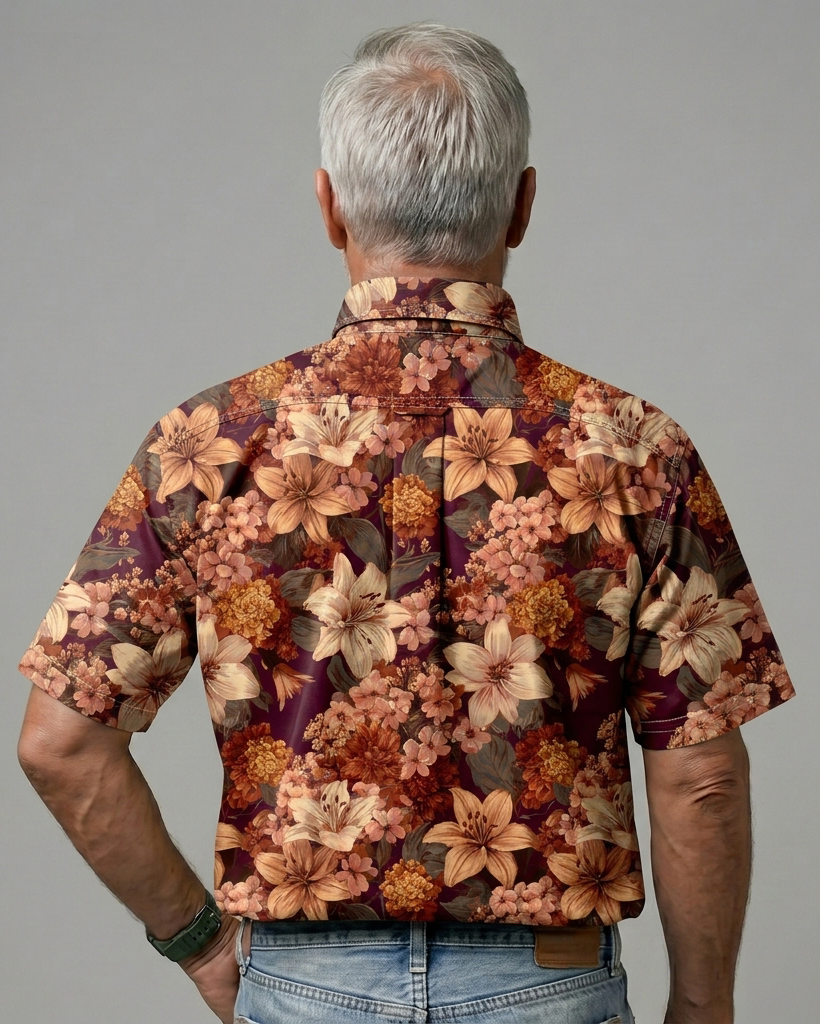 Autumn Burgundy Floral Print Short-Sleeve Casual Shirt