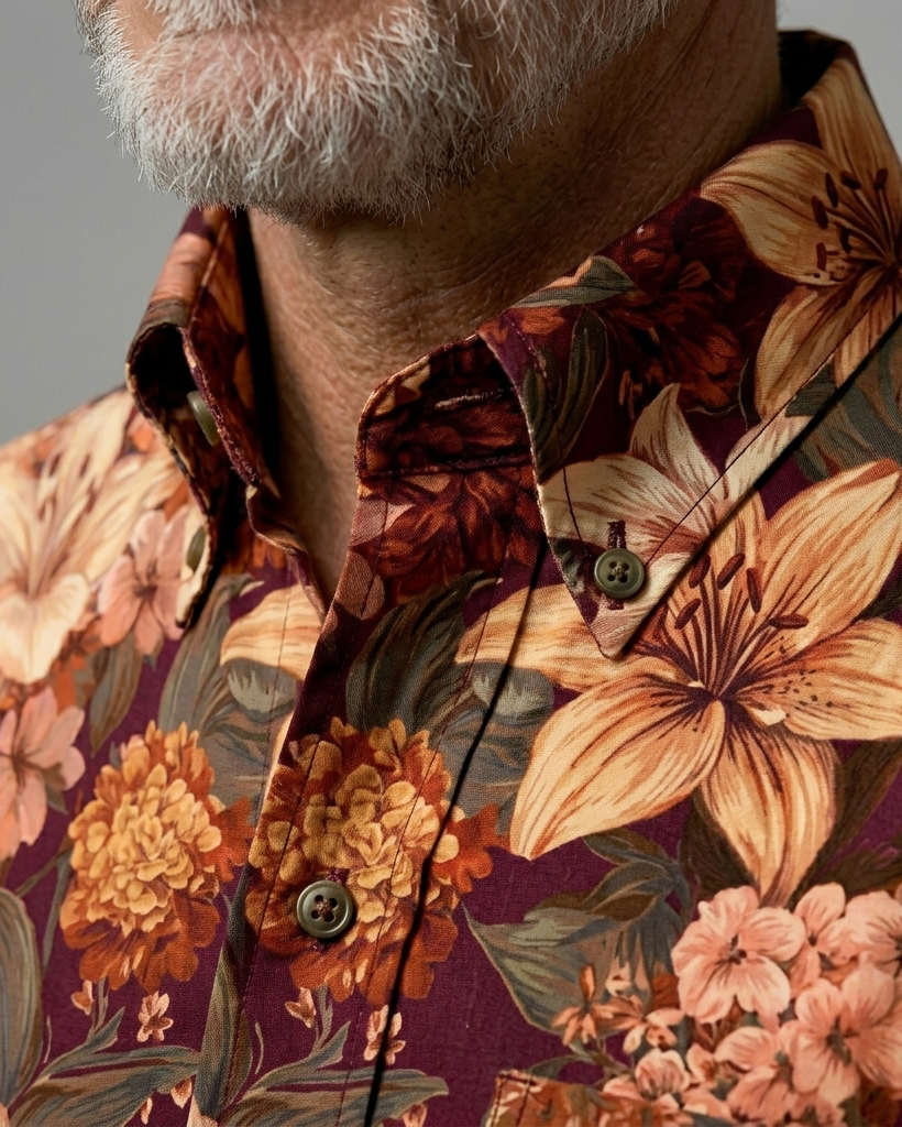 Autumn Burgundy Floral Print Short-Sleeve Casual Shirt