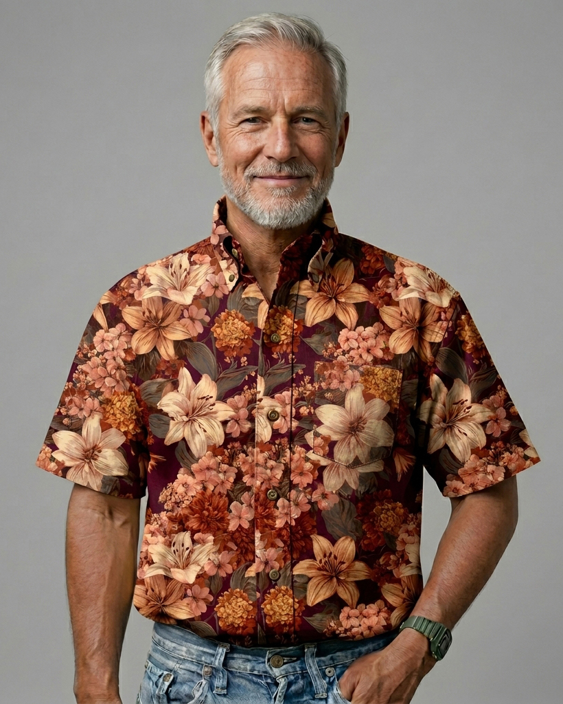 Autumn Burgundy Floral Print Short-Sleeve Casual Shirt
