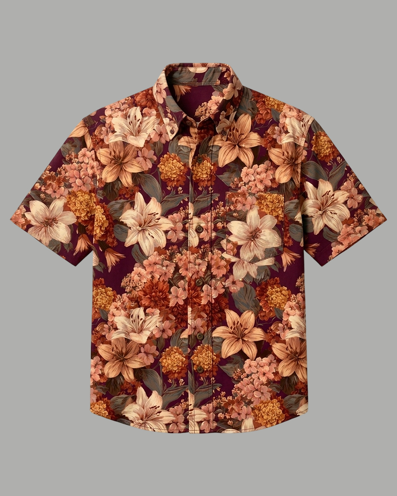 Autumn Burgundy Floral Print Short-Sleeve Casual Shirt