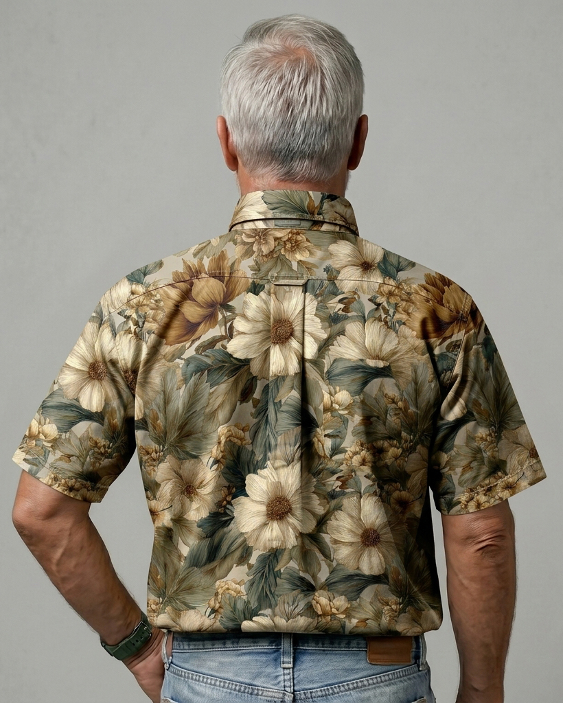 Vintage Beige and Olive Floral Print Short-Sleeve Casual Shirt