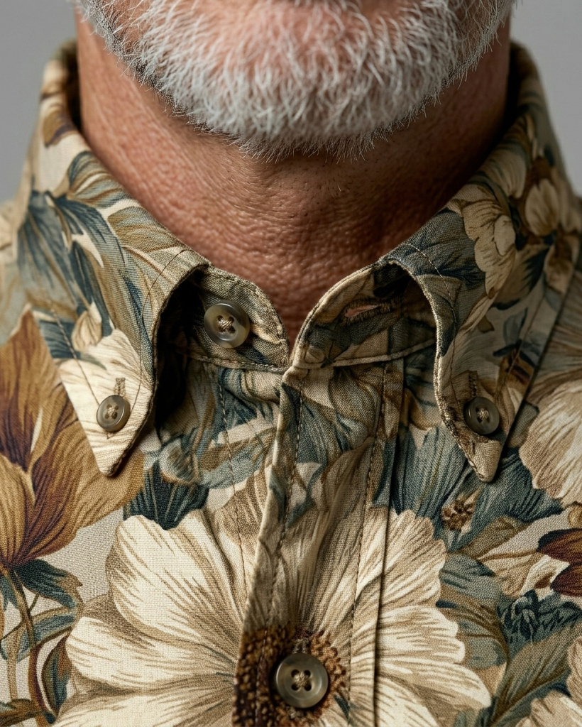 Vintage Beige and Olive Floral Print Short-Sleeve Casual Shirt