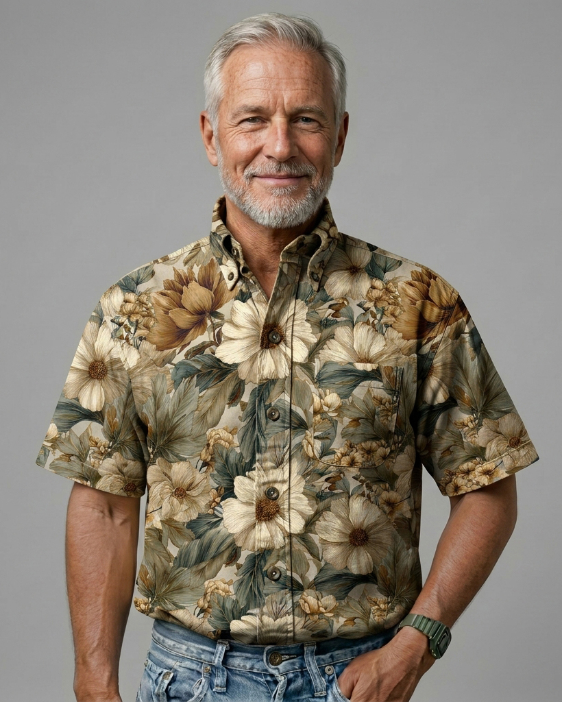 Vintage Beige and Olive Floral Print Short-Sleeve Casual Shirt
