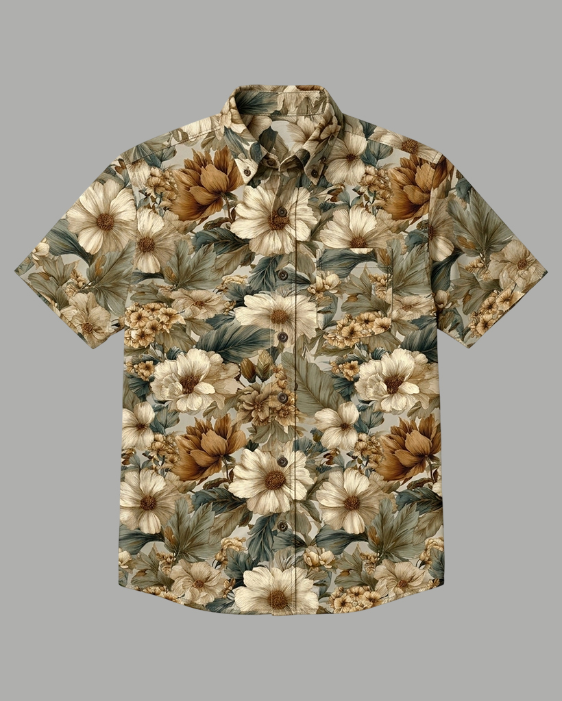 Vintage Beige and Olive Floral Print Short-Sleeve Casual Shirt