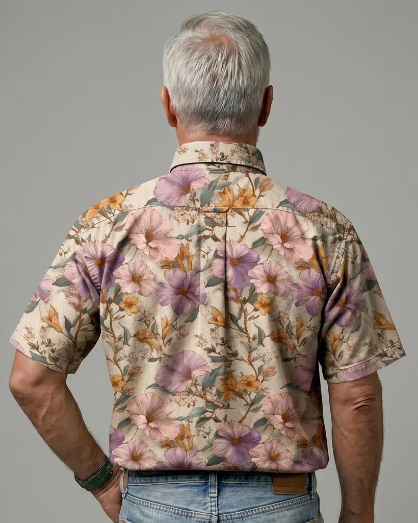 Lavender Watercolor Floral Print Short-Sleeve Casual Shirt