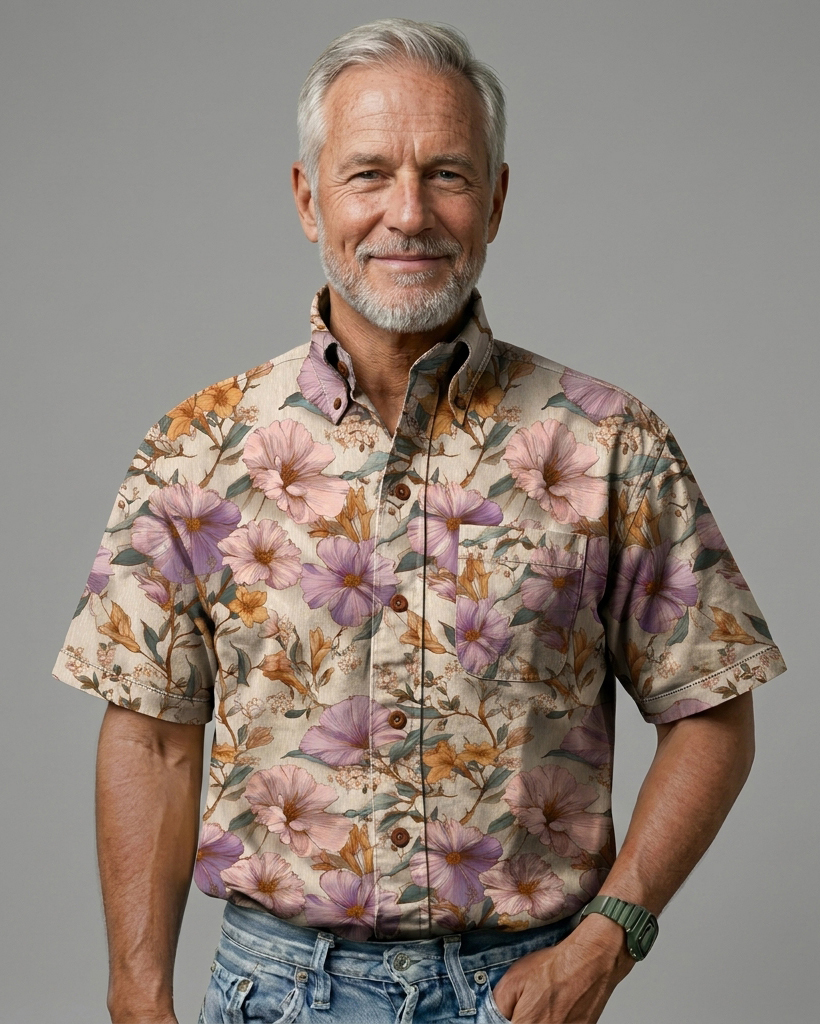 Lavender Watercolor Floral Print Short-Sleeve Casual Shirt