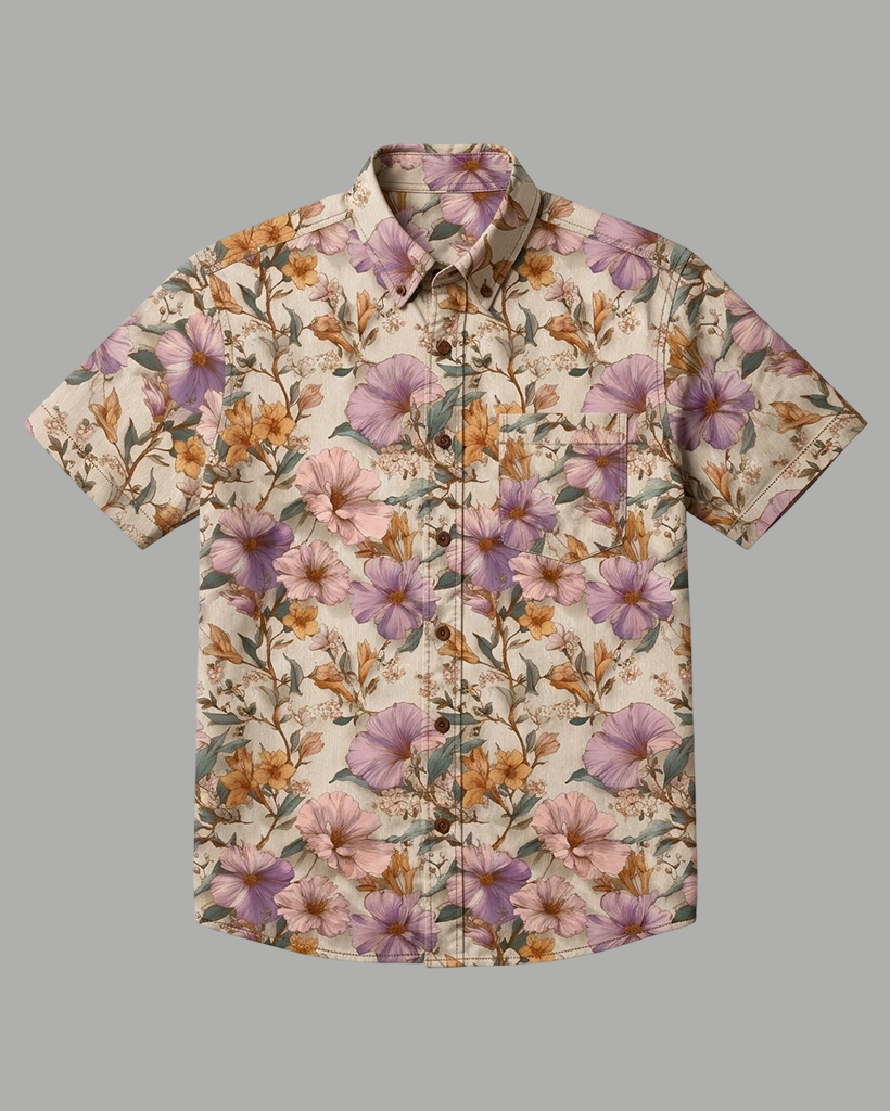 Lavender Watercolor Floral Print Short-Sleeve Casual Shirt