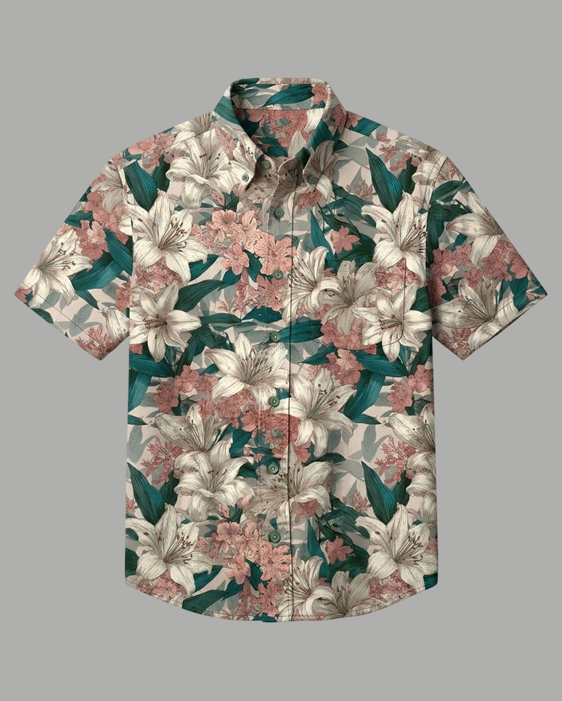 Vintage Lily Floral Print Short-Sleeve Casual Shirt
