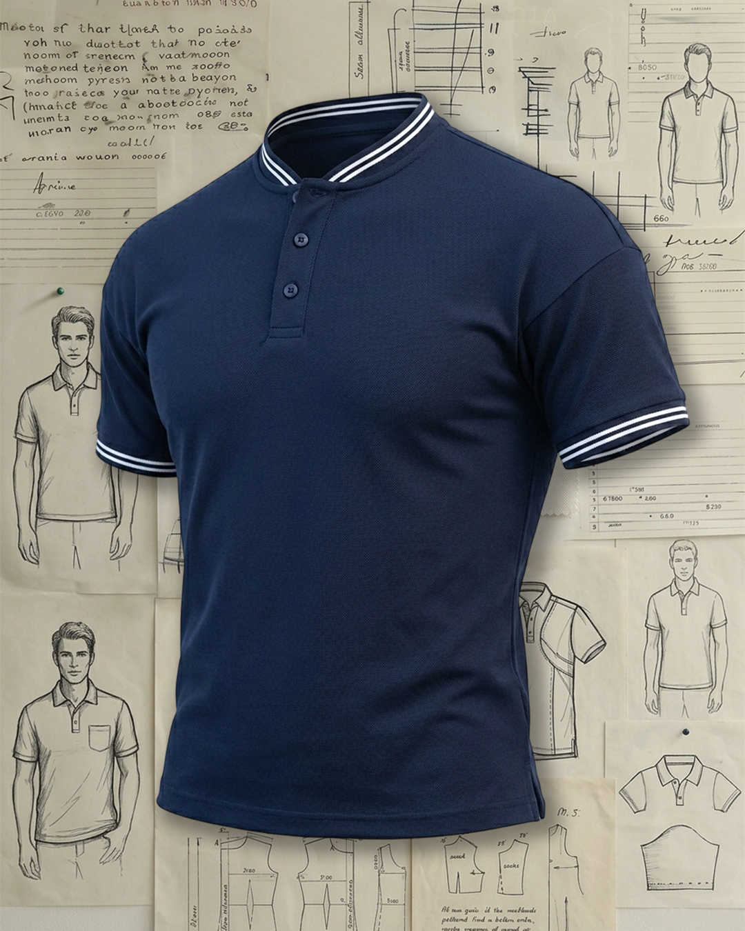 Navy Dual White Striped Mandarin Collar Low-cut Polo Shirt
