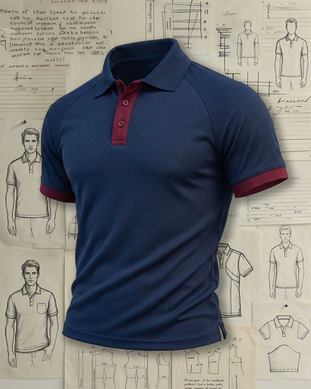 Navy Burgundy Cuff Placket Collared Polo Shirt