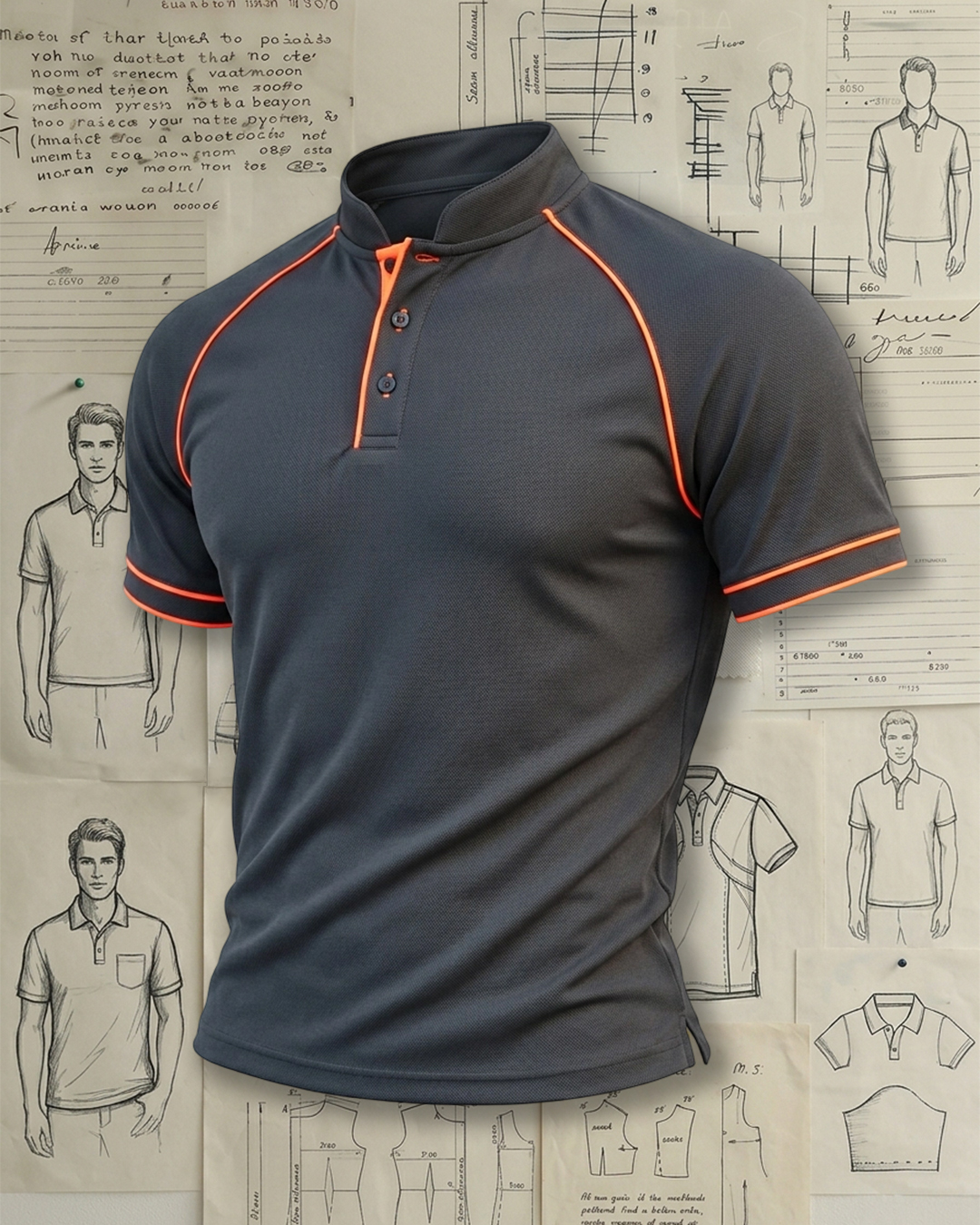 Dark Grey Orange Piping Mandarin Collar Low-cut Polo Shirt