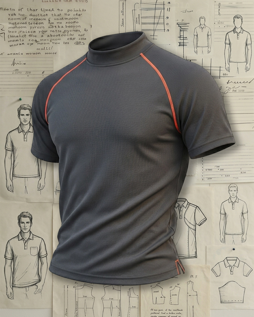 Dark Grey Orange Raglan Piping Stand Collar Crew Neck T-shirt
