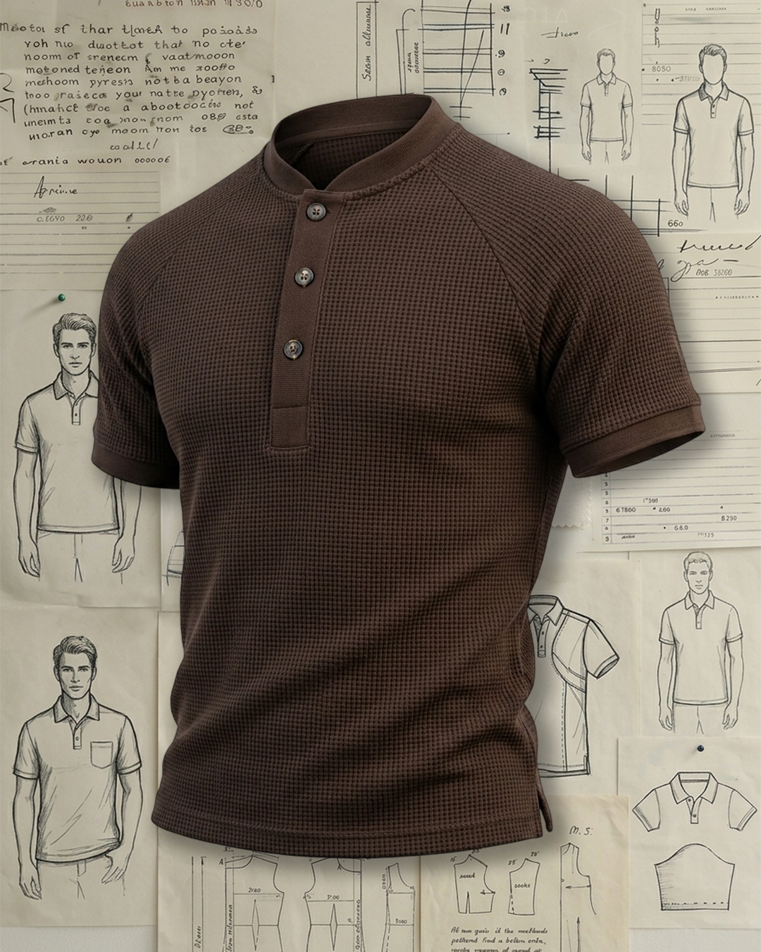 Brown Waffle Henley Raglan Low-cut Polo Shirt