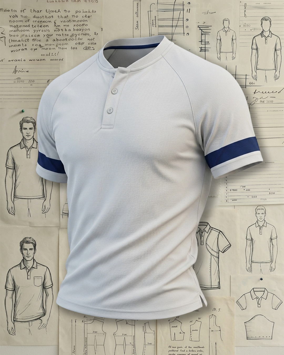 White Navy Band Cuff Raglan Henley Low-cut Polo Shirt