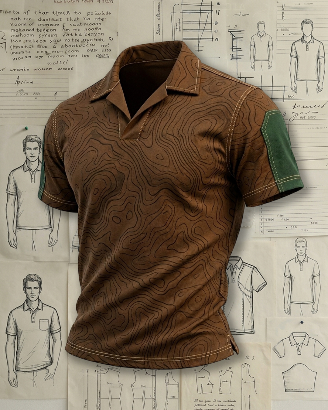 Brown Topographic Print Contrast Sleeve Collared Polo Shirt