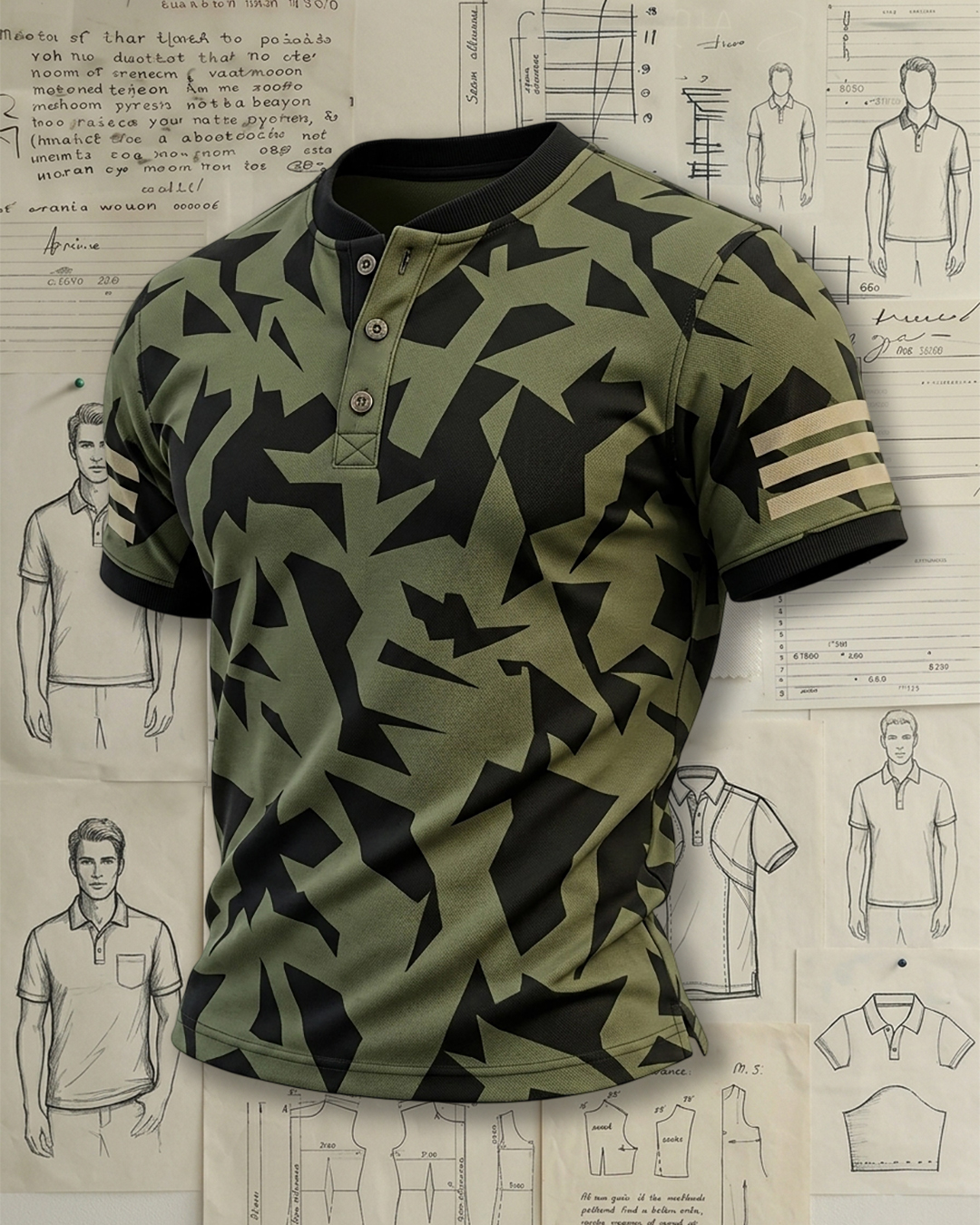 Army Green Camo Print Stripe Cuff Low-cut Polo Shirt