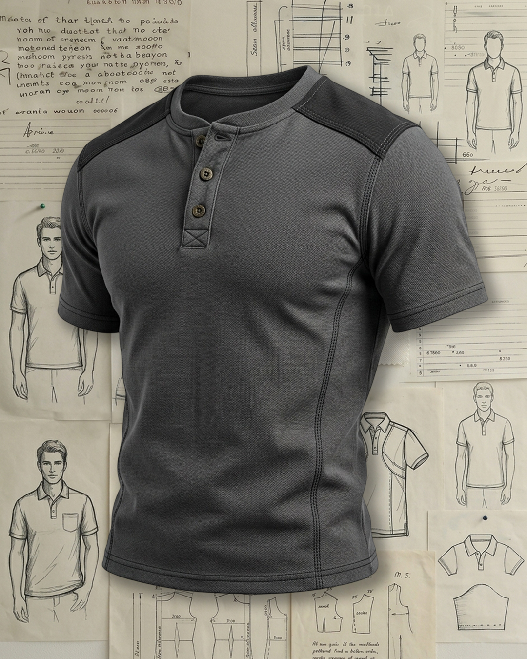 Dark Grey Contrast Shoulder Stitched Henley Low-cut Polo Shirt