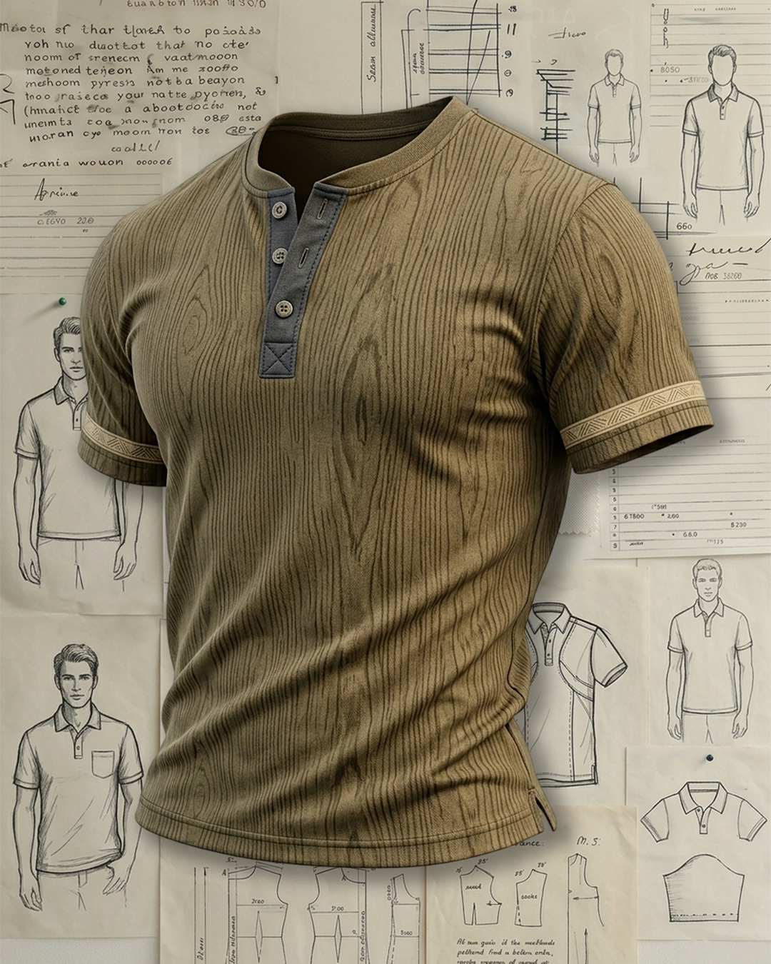 Khaki Wood Grain Contrast Placket Low-cut Polo Shirt
