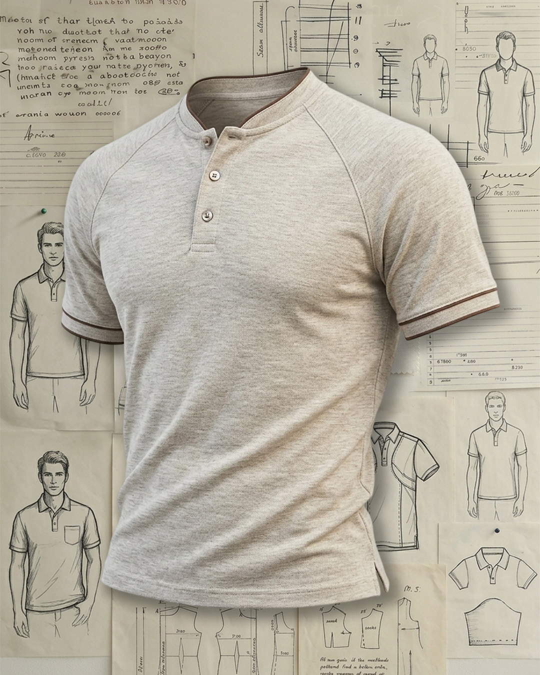 Heather Beige Brown Tipped Raglan Henley Low-cut Polo Shirt