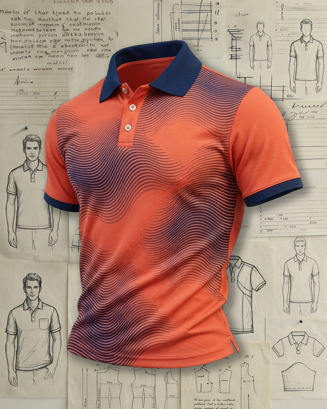 Orange Gradient Wave Print Collared Polo Shirt