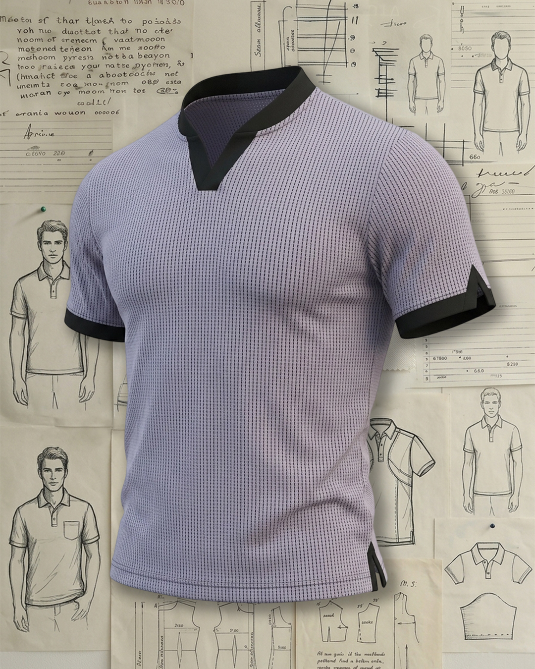 Lavender Mesh Black V-Neck Trim Low-cut Polo Shirt