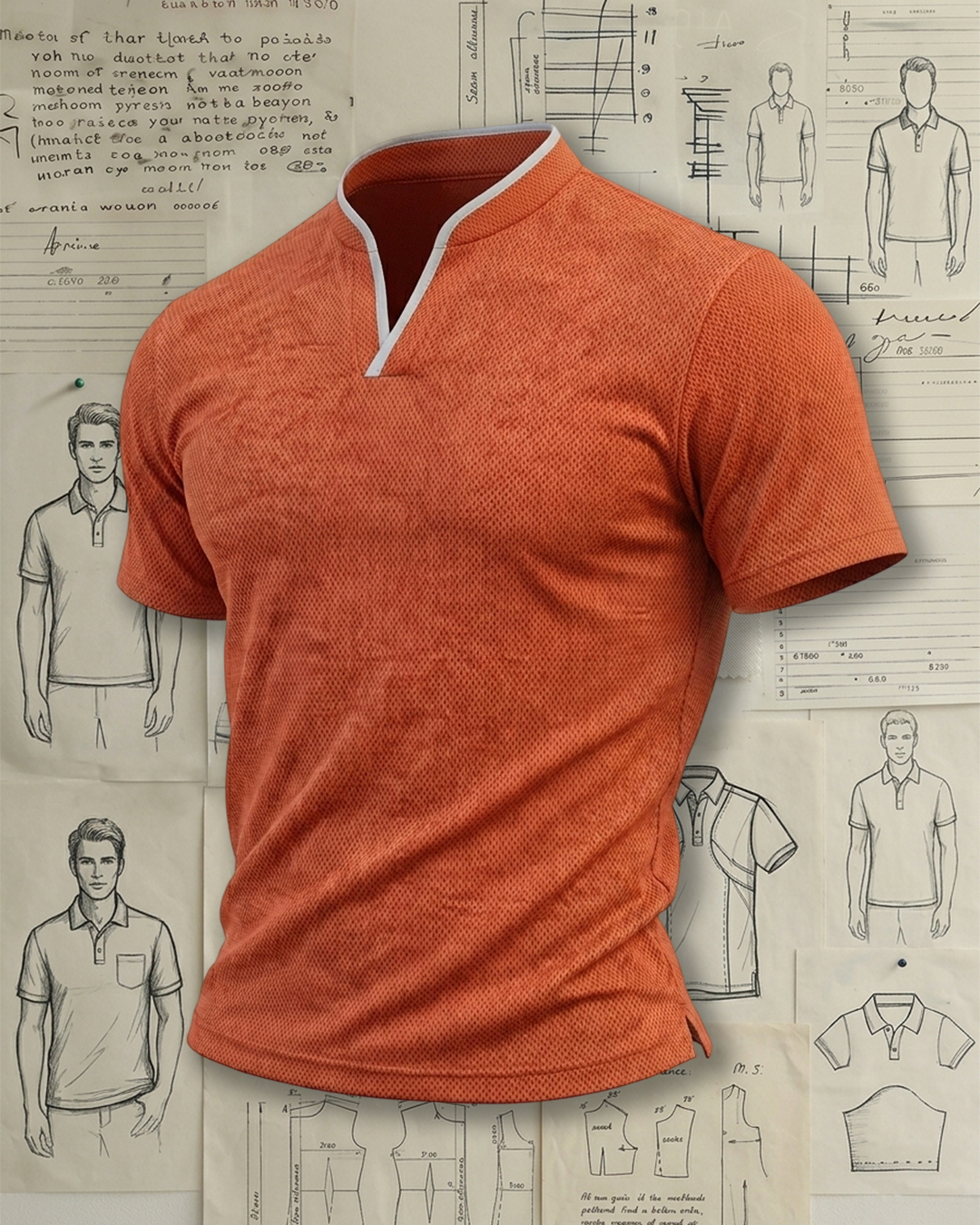 Orange Mesh White Notch Trim Mandarin Low-cut Polo Shirt