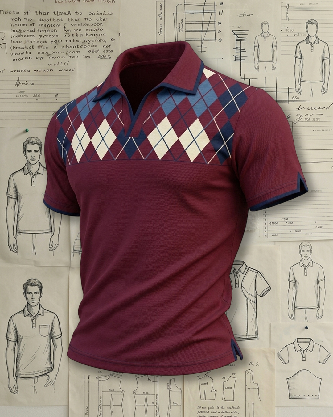 Burgundy Argyle Placket Collared Polo Shirt