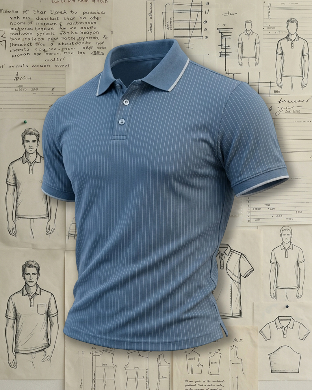 Light Blue Vertical Stripe Trim Collared Polo Shirt