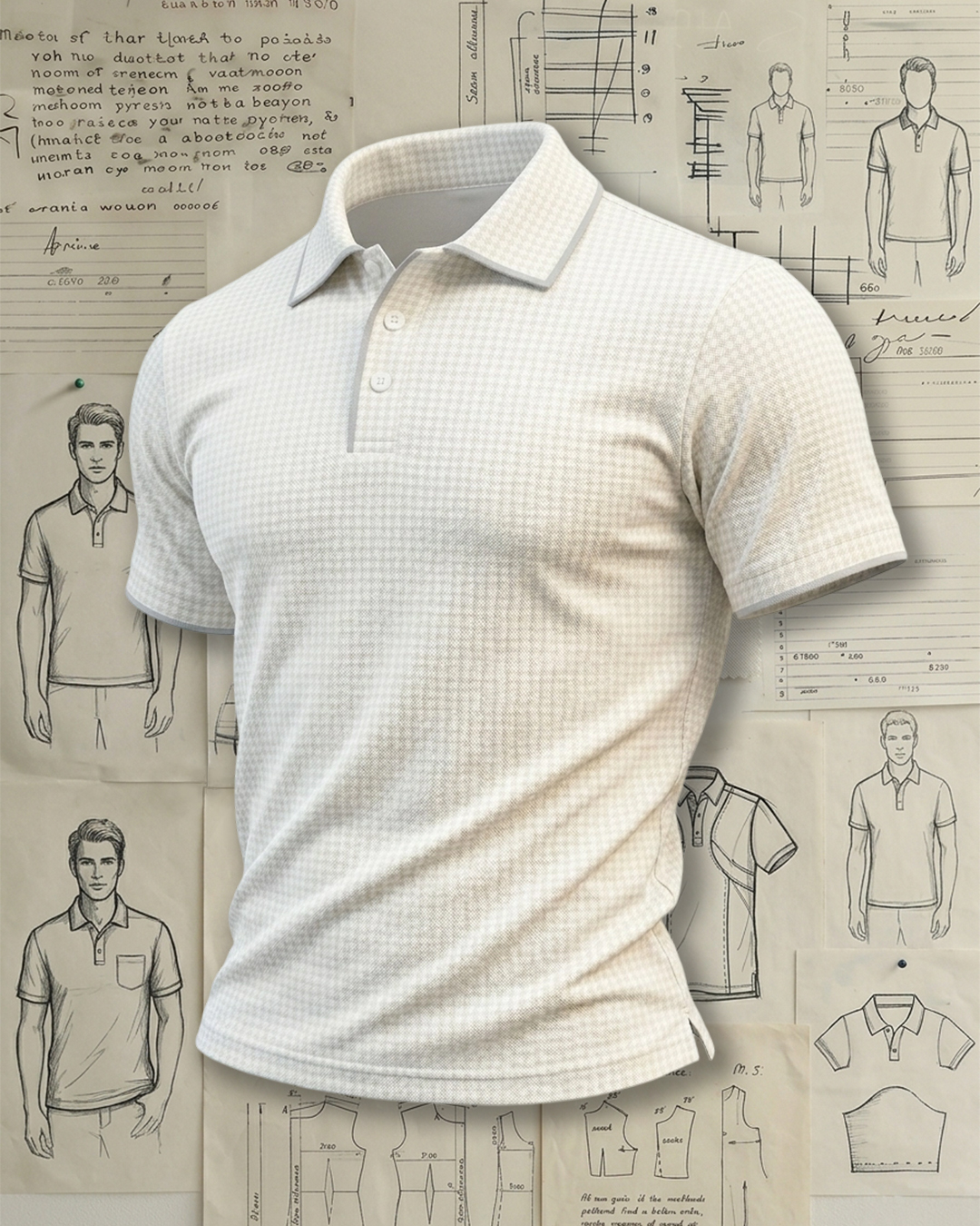 White Micro Check Trim Collared Polo Shirt