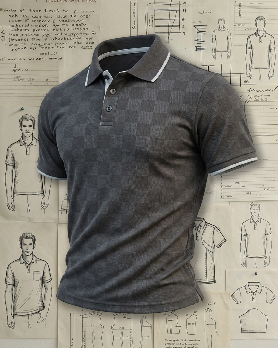 Dark Grey Checkered Contrast Trim Collared Polo Shirt