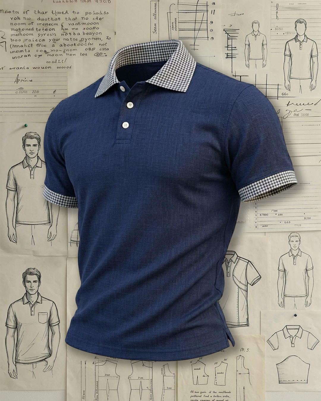 Navy Gingham Collar & Cuff Collared Polo Shirt