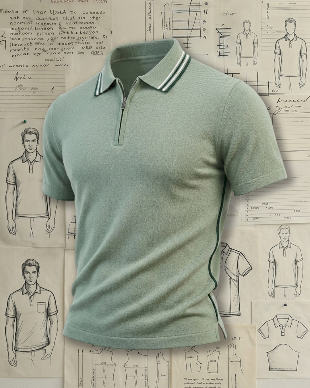 Sage Green Half-Zip Striped Collared Polo Shirt