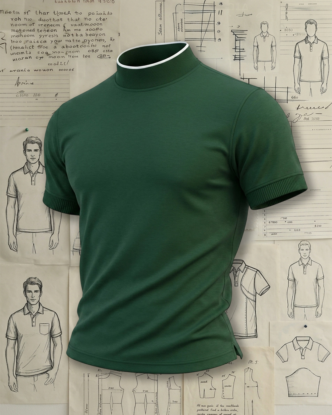 Dark Green White Tipped Mock Neck Crew Neck T-shirt
