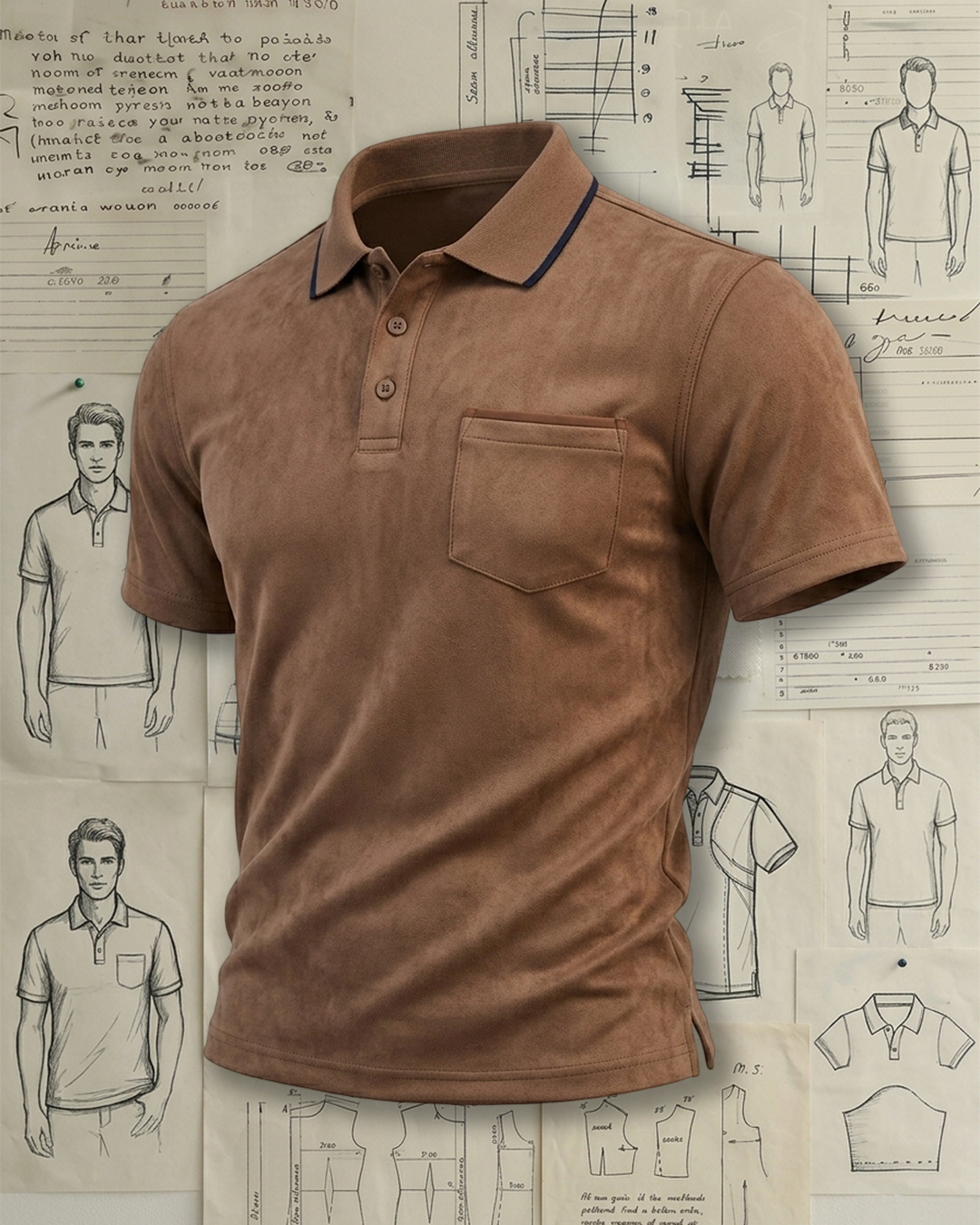 Brown Suede Texture Pocket Collared Polo Shirt