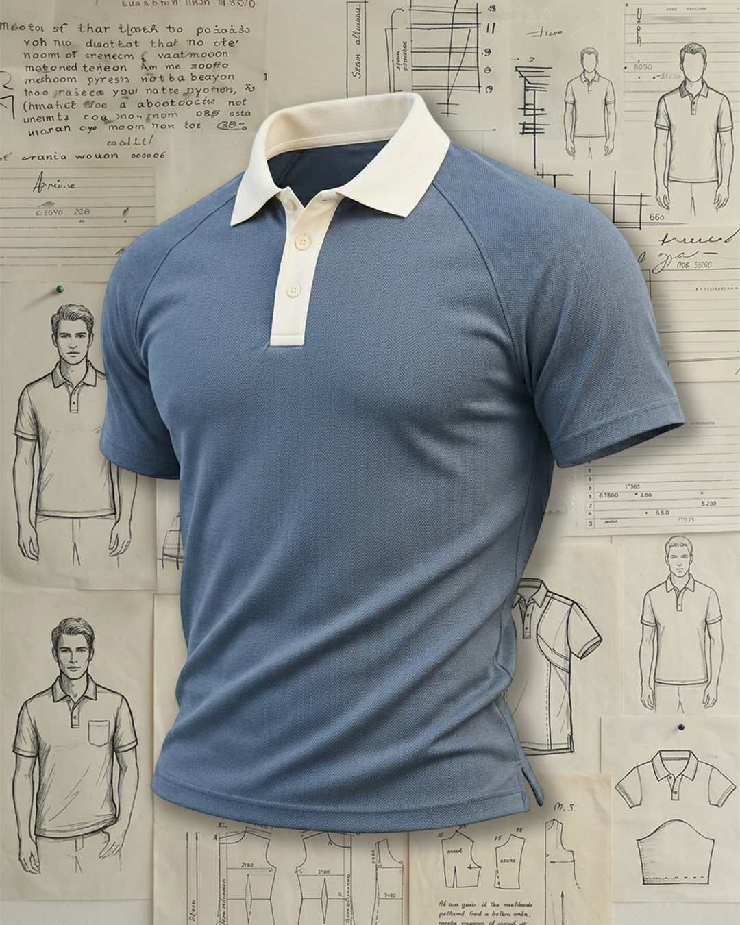 Blue Herringbone Contrast Collar Collared Polo Shirt