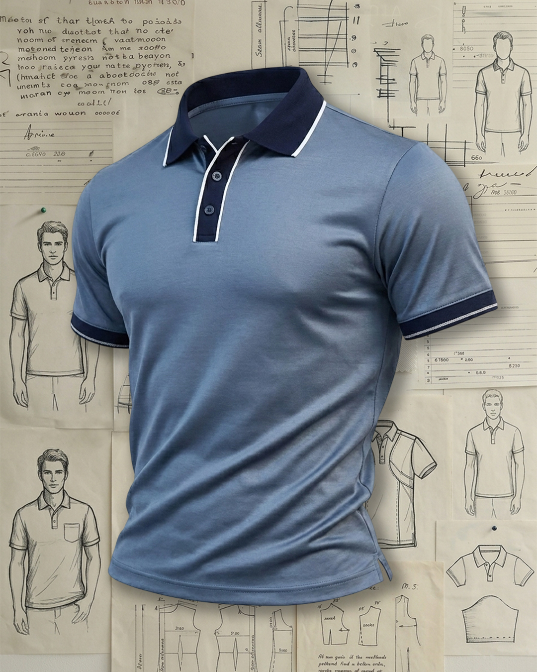Light Blue Navy Placket Trim Collared Polo Shirt