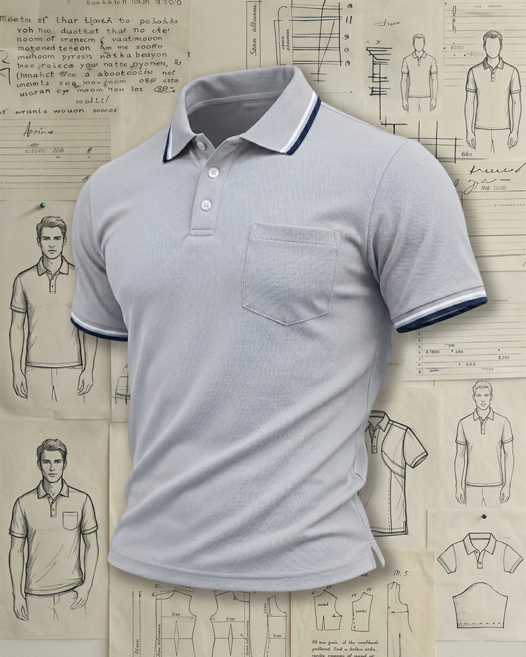 Light Grey Striped Cuff Pocket Collared Polo Shirt